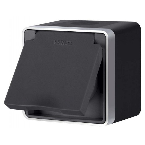 Розетка влагозащищенная с заземлением и со шторкой с крышкой Werkel Gallant (черный с серебром) W5071234