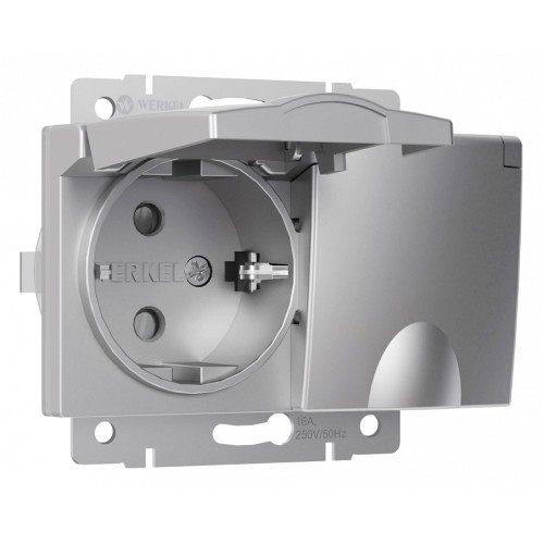 Розетка двойная влагозащищенная с заземлением и со шторками, без рамки с крышкой Werkel серебряные W1172206